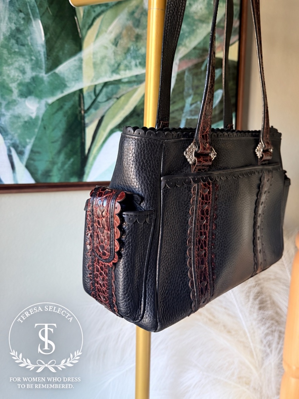 Brighton Black Leather Shoulder Tote Bag Brown Croc Embossed Trim